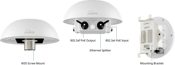 The image illustrates Peplink Dome Pro Duo dual modem 5G CAT-20 router. The image also highlights router's key mounting points and ports. The router is not only weather resistant with IP67 rating, but also possesses railway specific certification: EN 50155, EN 50124 and EN 61373. This and its easy integration with Starlink satellite antennas makes it a go to connectivity choice for railway and maritime deployments.