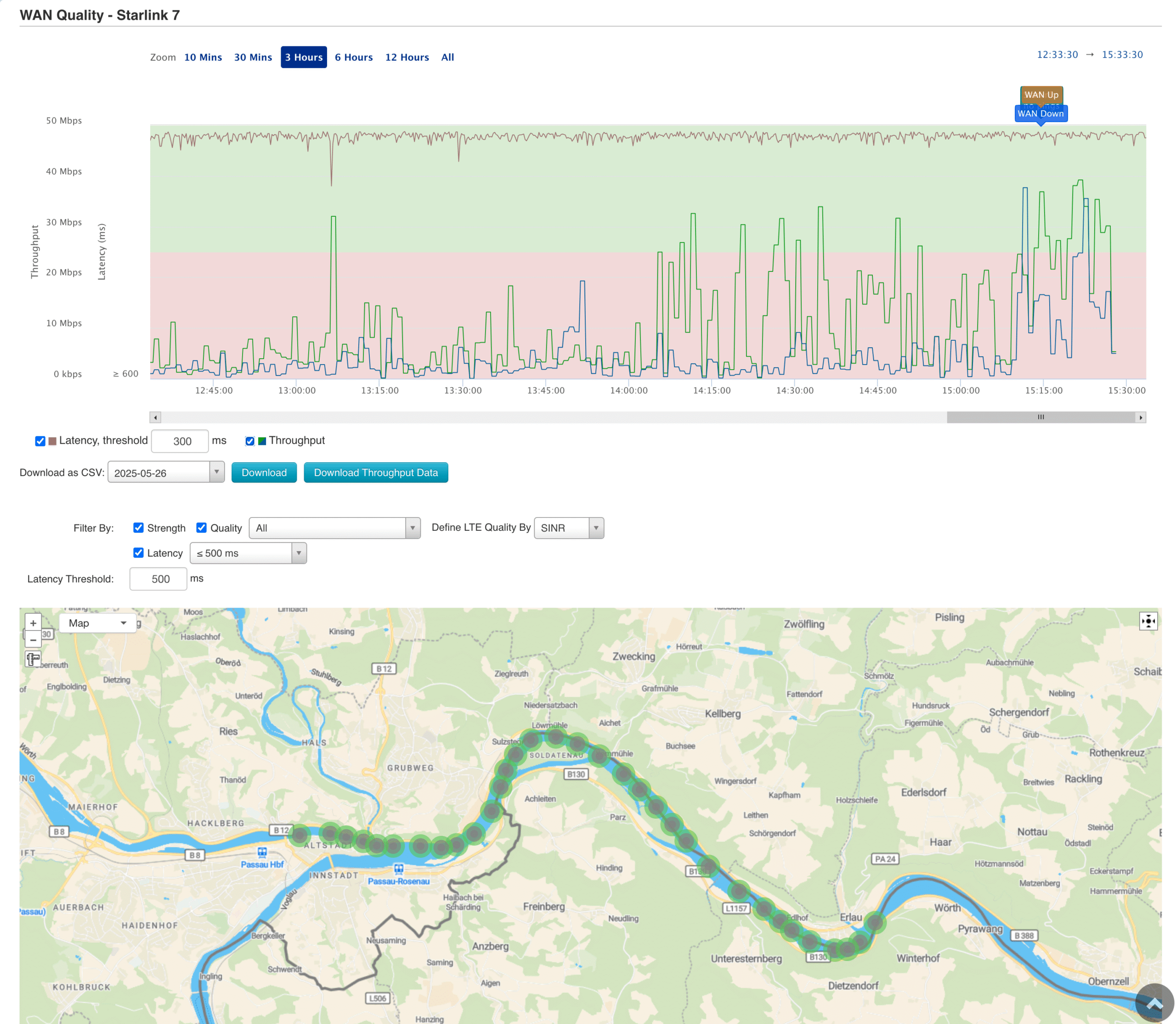 The image illustrates a unique feature of Peplink InControl2 cloud based network management portal that enables to monitor Starlink connectivity quality and offers map view of the fuctionality