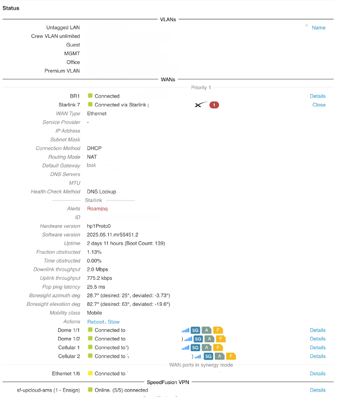 The image illustrates Peplink InControl2 management portal view of connected Starlink antennas as a result of local API system integration